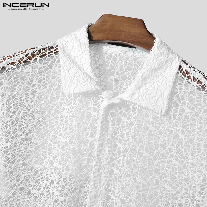 INCERUN Мужские летние пляжные рубашки с коротким рукавом из вязаной крючком ажурной пряжи