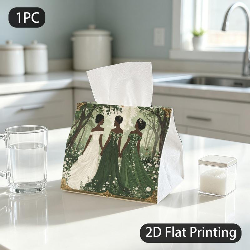 1pc Tissue Box, Art Nouveau Three Women Forest Grace Pattern, 2D Flat Printing, Polyester Fabric, Portable, Napkin Dispenser, for Dining Table