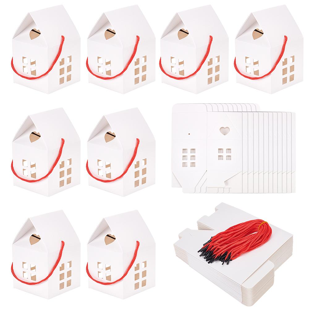 30sets House Shaped Paper Folding Candy Tote Boxes with Hollow Window and Rope Handles for Wedding Party Gift Wrapping White