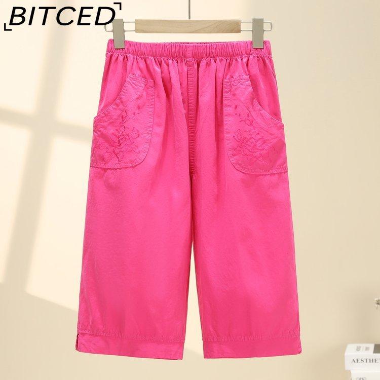 BITCED Летние женские брюки прямого кроя с эластичной талией, для женщин среднего и пожилого возраста, с высокой посадкой, из стираного хлопка, укороченные брюки больших размеров