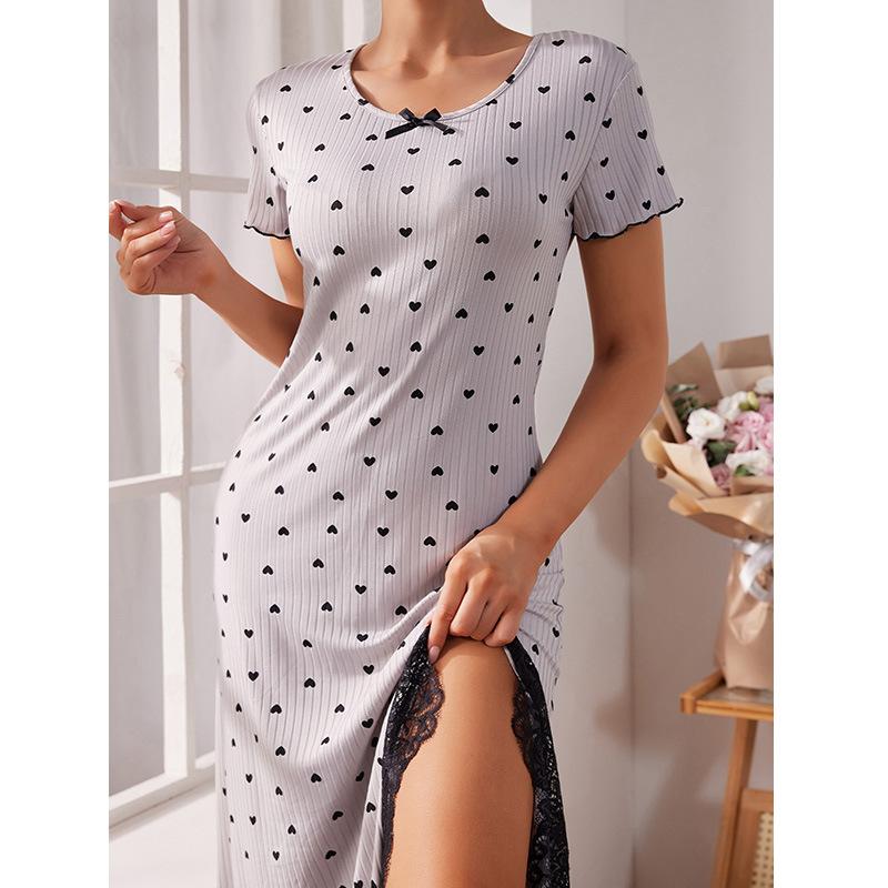 Summer Pink Lace Patchwork Heart Print Long Sleepdress Homewear Women Casual Slim Nightgown Ladies Nightdress Woman Loungewear