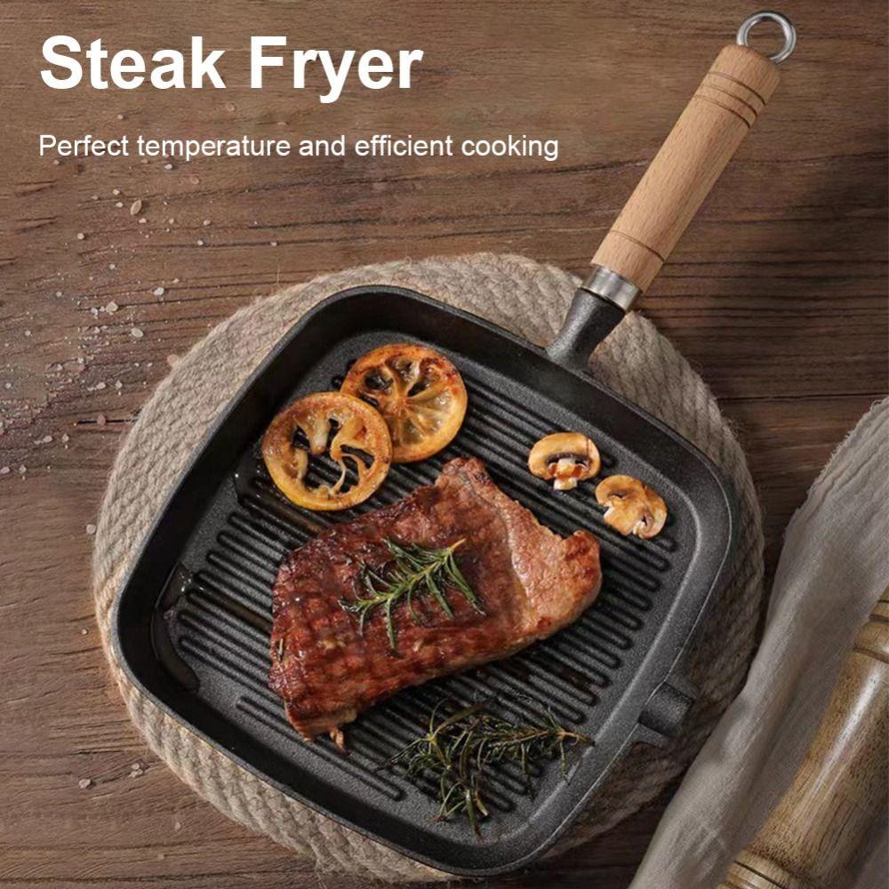 Cast Iron Steak Pan Wooden Handle Steak Frying Pot Premium Non-Stick Frying Pan Indoor