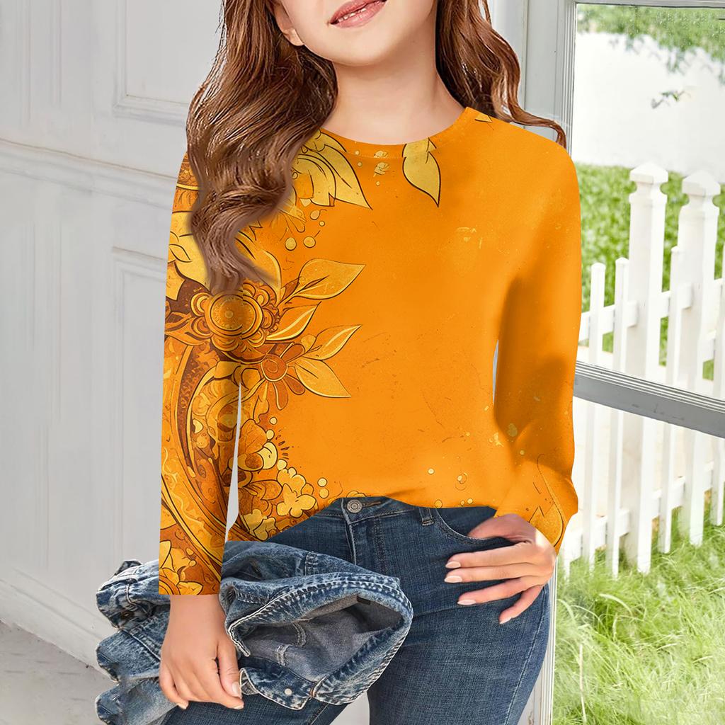 Футболки с длинным рукавом для девочек, детские осенние топы, с круглым вырезом, с принтом, базовые футболки