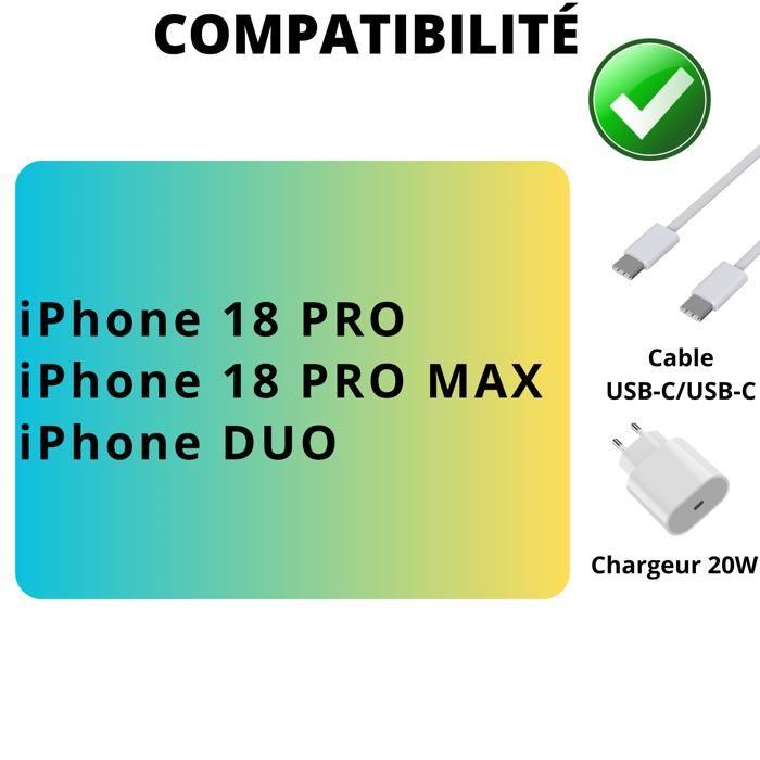 Lot 2 Chargeurs Rapide 20W + 2 Cables USB-C USB-C 1 mètre pour iPhone 18 PRO/iPhone 18 PRO MAX/iPhone DUO - Phonillico®