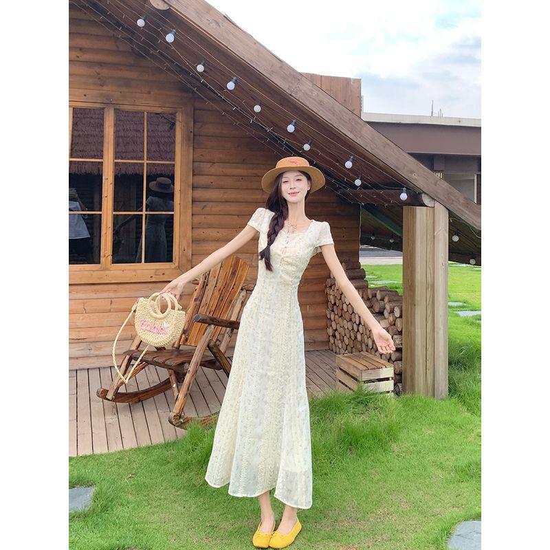 Kumikumi Gentle Floral Lace Edge Short Sleeve Dress Women Autumn Chic Age-Reducing Slimming Tight Waist Long Dress