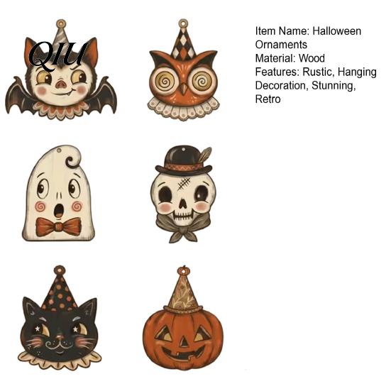 Halloween Wooden Ornaments 6 Pcs Vintage Ornaments, Rustic Farmhouse Cat Owl Pumpkin Hanging Decorations for Party Ghost Tree Home Decor Style