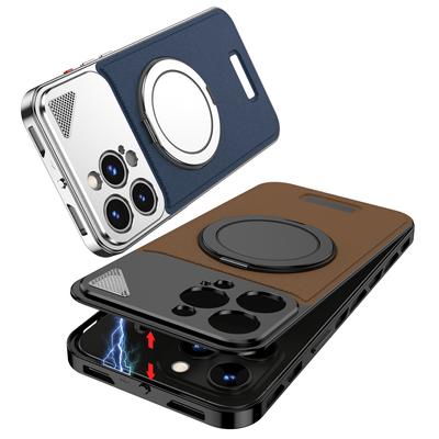 Магнитный вращающийся на 360° чехол-подставка для телефона iPhone 14 15 13 Pro Max металлический кожаный чехол с застежкой-кнопкой на четыре угла для защиты от падений