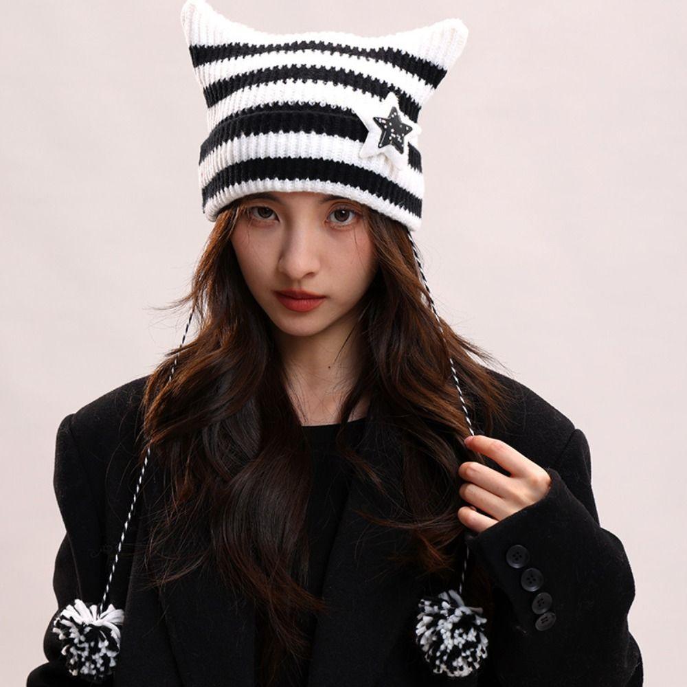 Y2K Cat's Ears Knitted Hat Star Warm Cap Fashion Slouchy Knitted Beanies Cycling