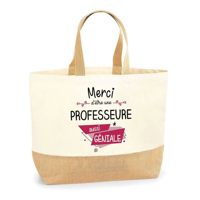 Sac Merci Professeure Géniale | Cabas de Plage Courses Coton et Toile de Jute Idée Cadeau Femme