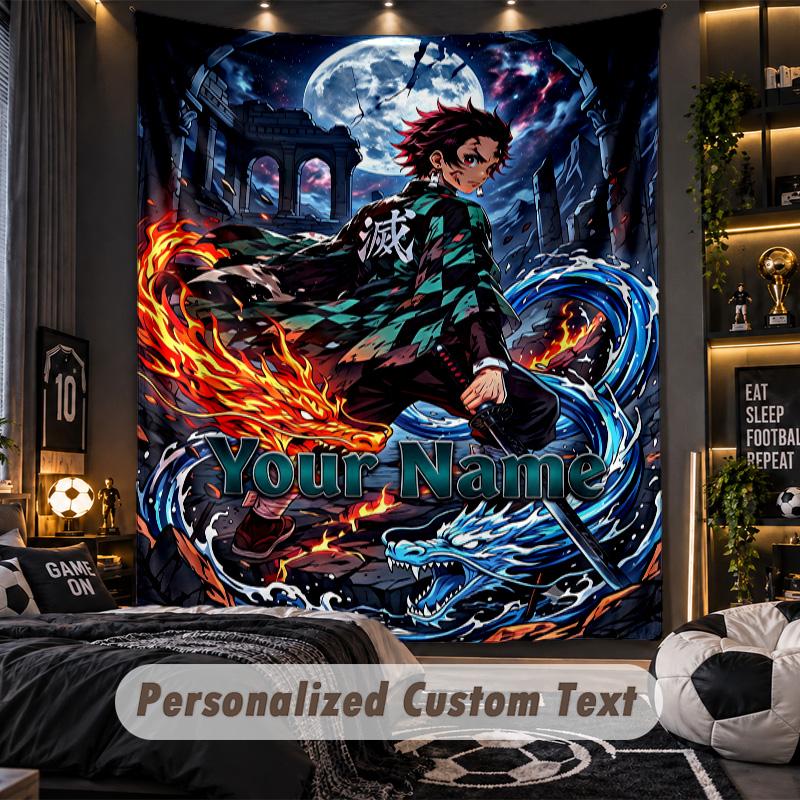 Personalized Wall Tapestry,Demon Slayer Custom Printed Name, Fabric Wall Art For Indoor Room Backdrop