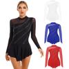 Womens Girls Figure Skating Dance Dresses Glitter Rhinestone Sheer Mesh Patchwork Long Sleeve Leotard Dress
