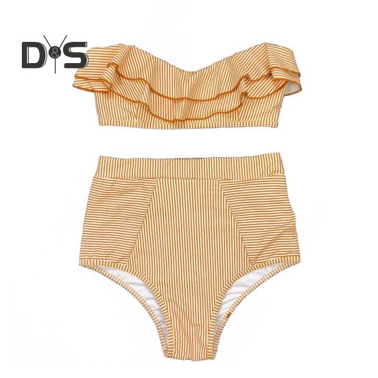 2Pcs/Set Women Bikini Set Ruffle Trim Bandeau Padded Push-Up Bra High Waisted Briefs Set Striped Print Beachwear