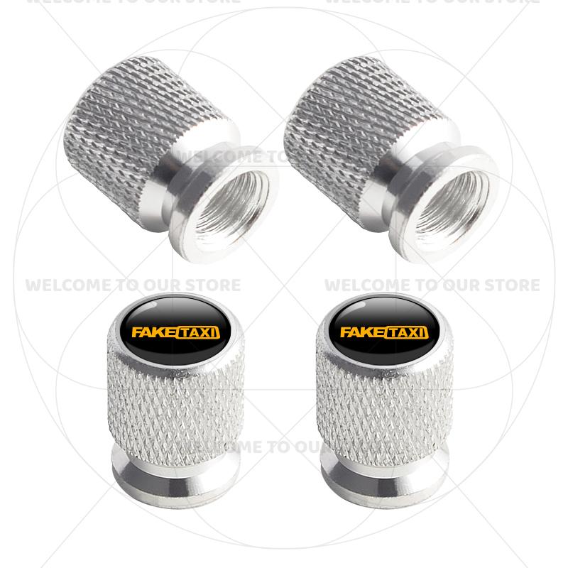 For FAKE TAXI Emblem JDM Funny Fashion 4Pcs Aluminum Motorcycle Car Tire Valve Caps Wheel Stem Air Dust Covers f80 Accessories