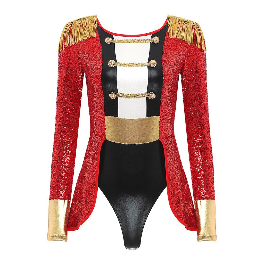 Women's Halloween Festival Bodysuit S-4XL, Circus Ringmaster Allover Sequin Jumpsuit with Dramatic Tail & Long Sleeves