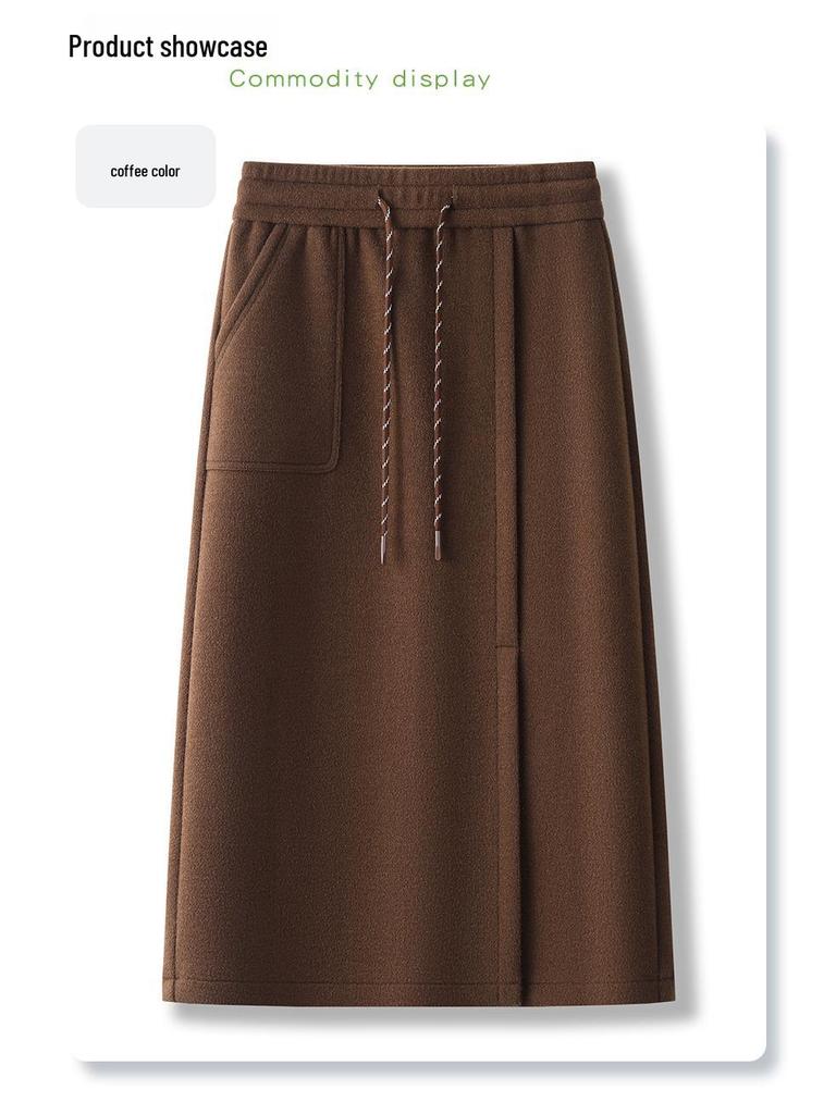 2024 Хаки Шерстяная Юбка Миди для Женщин – Осень/Зима, Эластичная Талия, Прямая Облегающая с Разрезом Спереди, Длина до Щиколотки