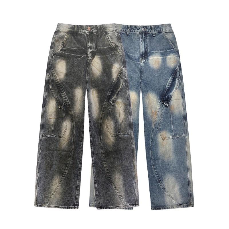 Unisex Wide Leg Denim Pants With Acid Wash Curved Seam Patchwork Relaxed Fit Streetwear Casual Wear
