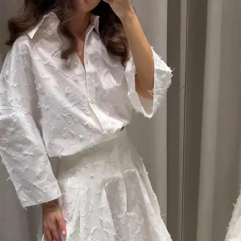 Комплект женской рубашки с кисточками из перьев и юбки миди в европейском и американском стиле