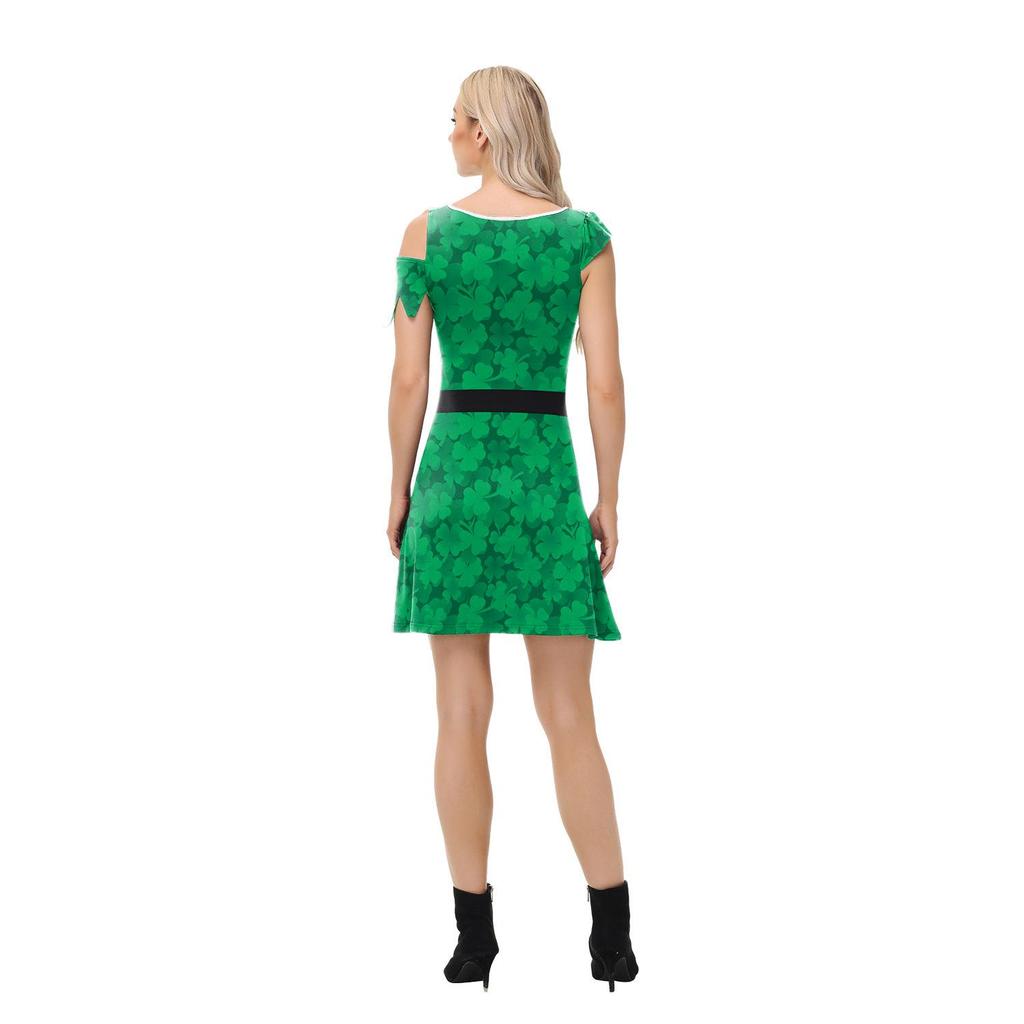 Clover St. Patrick's Day Irregular Sleeve Dress with Digital Print Skirt for Women
