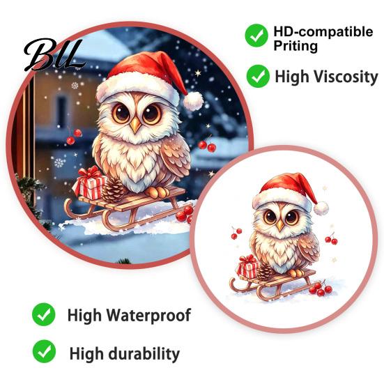 Outdoor Holiday Window Art Christmas Owl Static Cling Decal, Waterproof PVC Decorative Sticker, Easy Seasonal Festive Wall Apply Sticker for