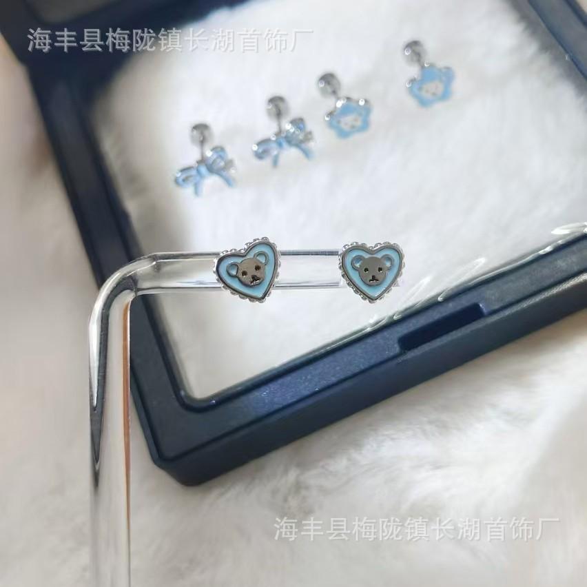 Super cute blue love flower dripping oil bear earbone nails titanium steel ear raising free cochlear nails girl bow