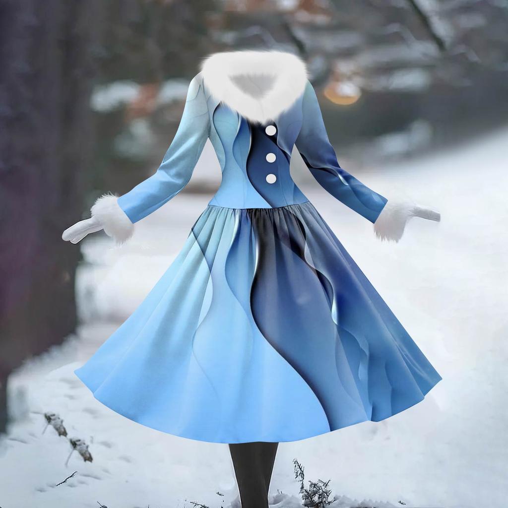 Women's Casual Dress Long-Sleeve V-Neck Patchwork Fleece Christmas Print Dress