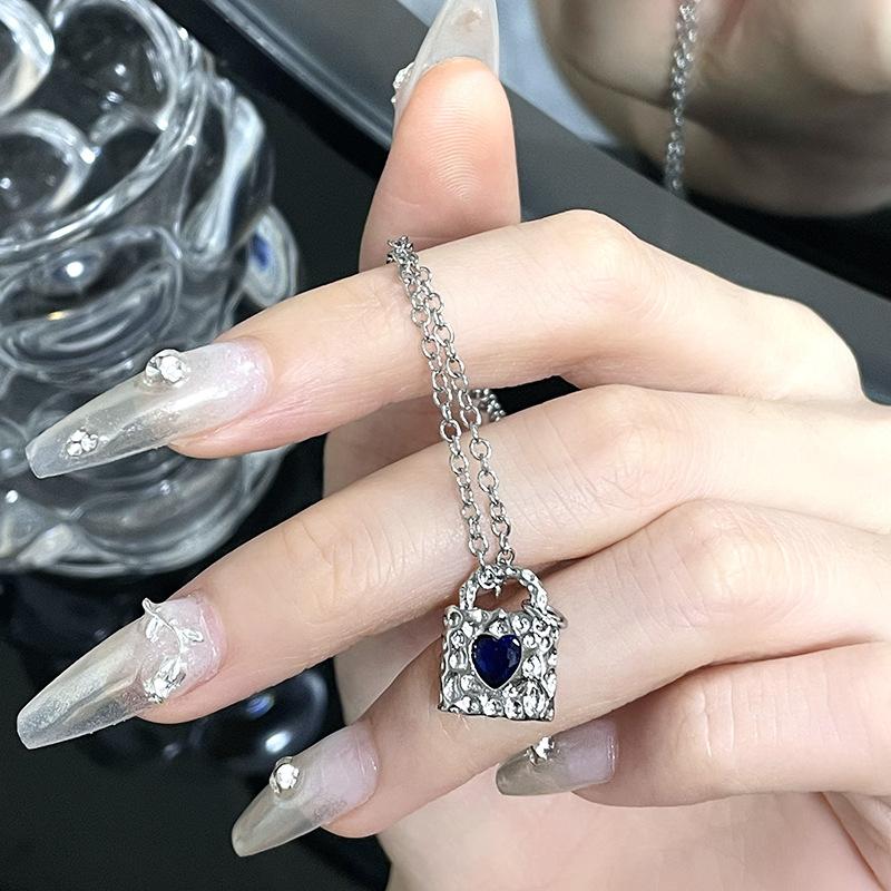Lockhead Niche Design Blue Love Zircon Necklace French Irregular Metal Folds Premium Sense Clavicle Chain Female