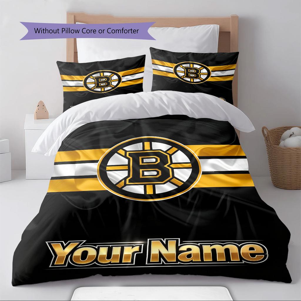 Name Custom Boston Bruins Pattern Bedding Set Quilt Cover Pillowcase Home Decor Gift (1 * duvet cover + 2 * pillowcase, without core)