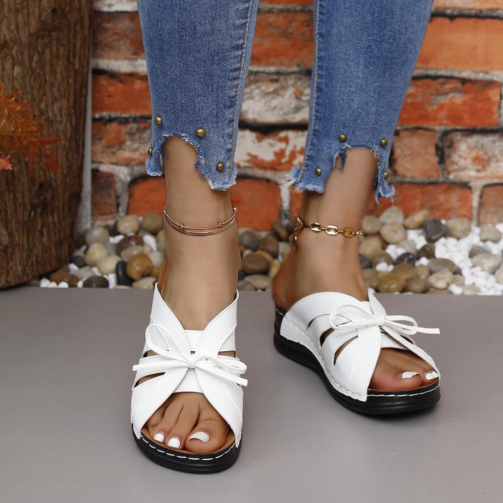 2024 Women's Summer New Fashion Hollow Bow Designer Sandals Outdoor Casual Open-Toe Beach Shoes Shallow Slip-on Wedge Slippers