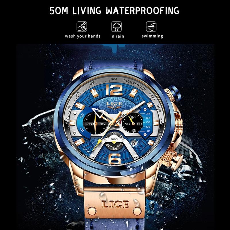2021 LIGE мужские часы лучший бренд класса люкс синий кожаный хронограф спортивные часы для мужчин модные водонепроницаемые часы с датой Reloj Hombre