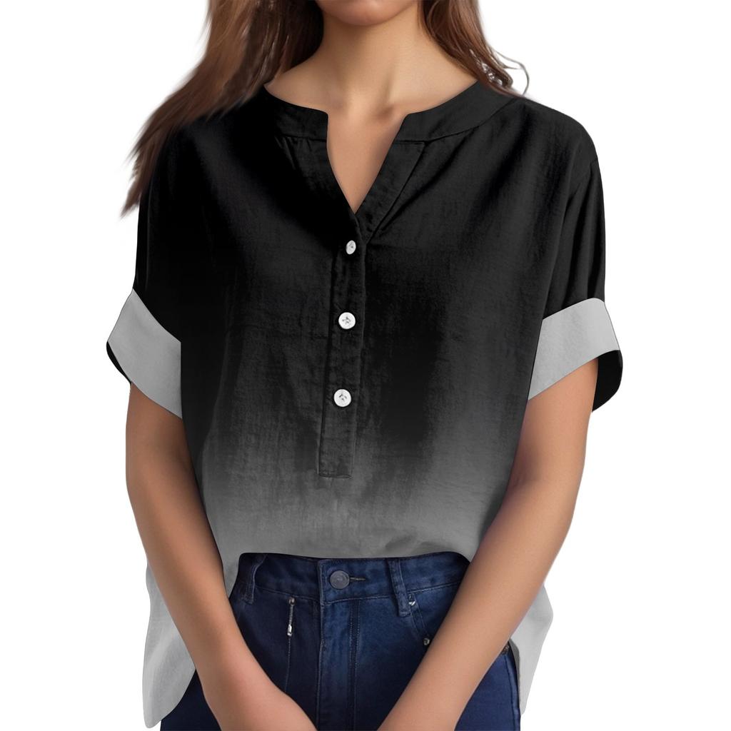 Женская хлопково-льняная футболка с круглым вырезом, коротким рукавом и пуговицами, футболка с принтом