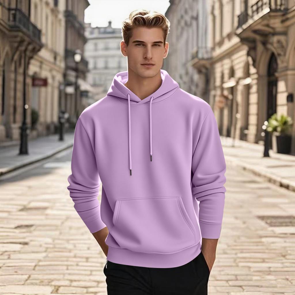 Men's Pullover Hooded Sweatshirt Solid Color Round Neck Loose Hoodie Long Sleeve Top