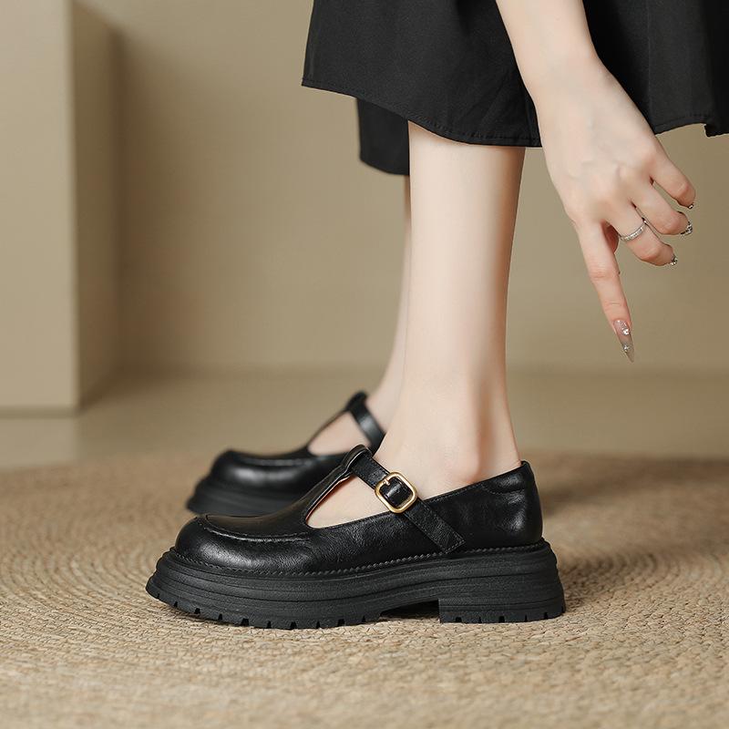 British Style Platform Black Small Leather Shoes Women's 2025 Spring and Summer New Round Head T-buckle with Light Mouth Thick Heel Loafers