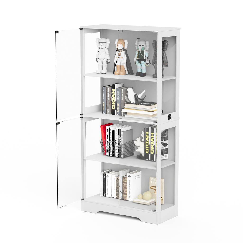 Four-tier glass display cabinet with storage, LED lighting, glass doors and smart sensors. Suitable for living room, bedroom and offices. White.