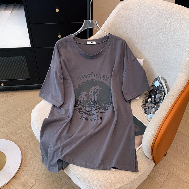 Plate-size Women's Mid-length Split Short-sleeved T-shirt with Printed Summer Versatile Tops