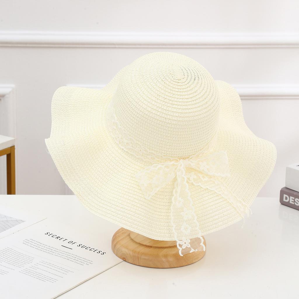 Милая уличная шляпа от солнца Женская отпускная пляжная шляпа-рыбак Кружевная лента Волнистый край Соломенная шляпа