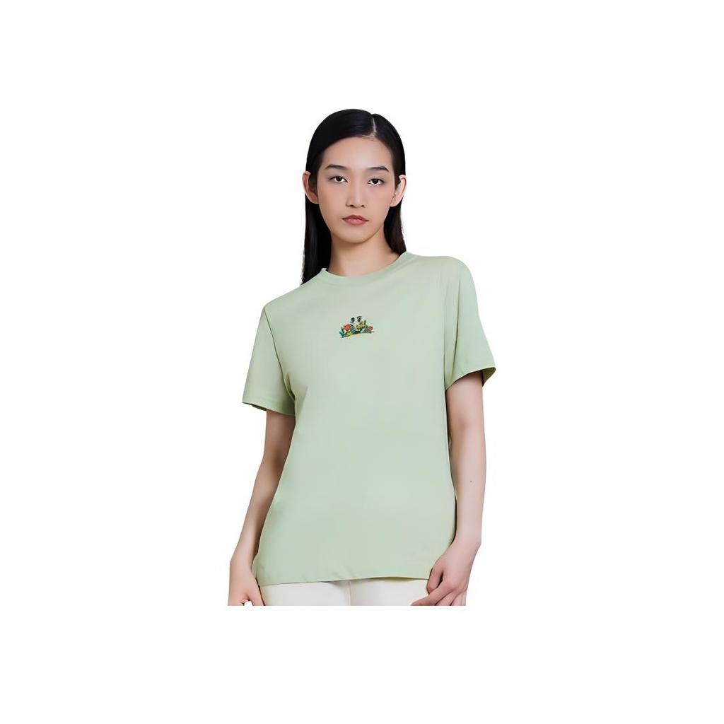 Li-Ning Sports Lifestyle Series Plant Floral Cartoon Print Round Neck Pullover T-Shirt Women Tops Green AHSS316-5