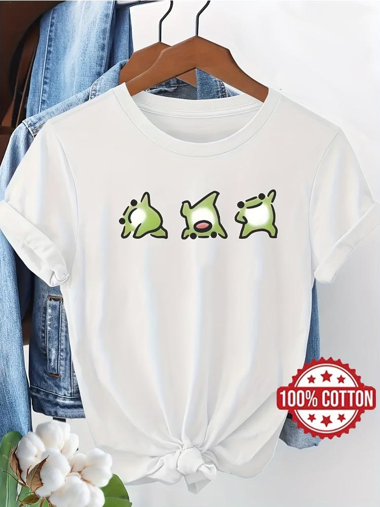 Womens Cotton ShortSleeve TShirt Cute Cartoon Frog Print Casual Crew Neck Top Breathable Comfortable Pullover Design