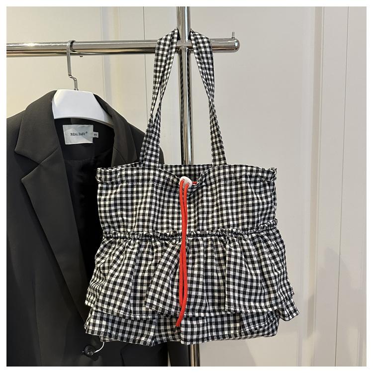 Women's Plaid Large Capacity Shoulder Bag Versatile Drawstring Simple Tote Bags Splicing Commuting Shopping Casual Underarm Bag