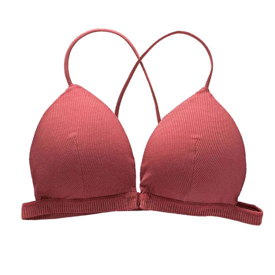 Women Solid Color Bra Triangle Cup Thin Straps Wrapping Chest Front Buckle Wireless Ribbed