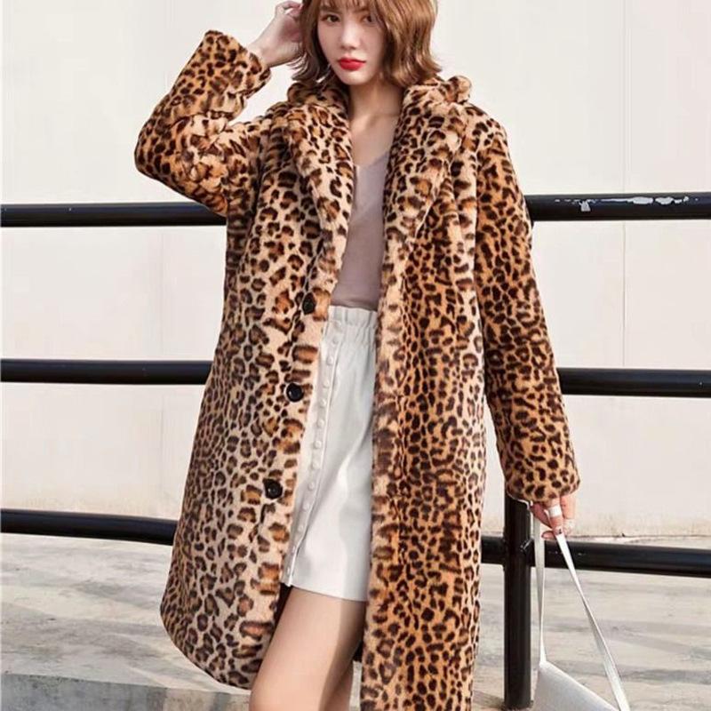 Leopard Print Jacket Women's New Winter Slim and Thin Imitation Fur Leopard Print Long Warm and Thickened Plush Coat Tide