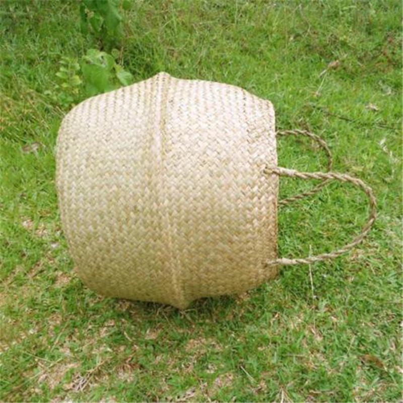 Корзина из ротанга, складная плетеная ручка, круглая натуральная морская трава, дерево для хранения растений