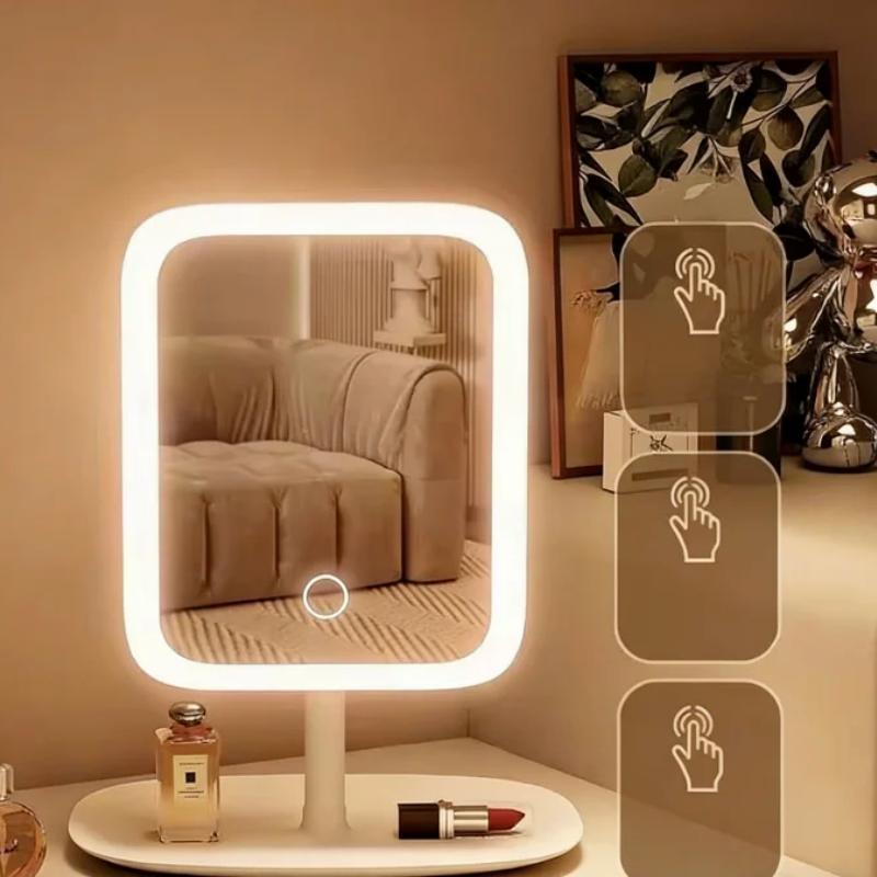 Регулируемое LED Зеркало для Макияжа с 3 Цветами Света, USB-Зарядка, Яркость, Косметическое Зеркало, Поворот на 270°, Настольное Туалетное Зеркало
