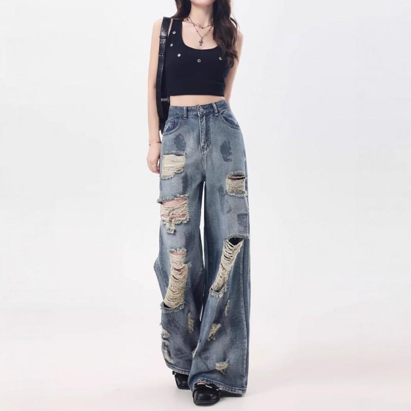 Distressed Ripped Jeans Men Women High Waist Straight Leg Loose Fit Denim Pants