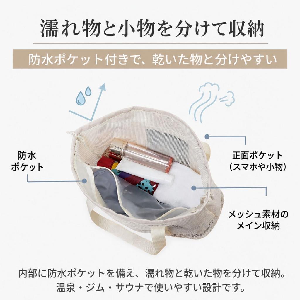 adzu Spa Bag, Mesh Bag, Waterproof Pocket, Wet and Dry