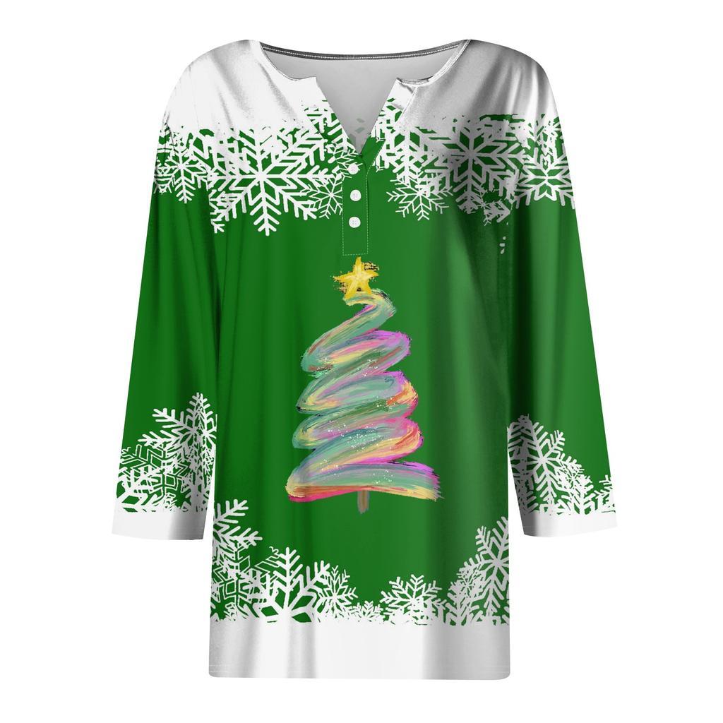 Жен. Футболка Футболка С принтом Пуговицы Рукав 3/4 Повседневные Выходные Мода Классический Классический V-образный вырез Обычный Верх