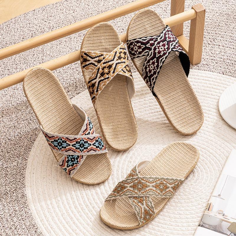 Летние ретро-модные женские нескользящие льняные тапочки