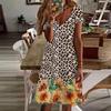 Summer Fashion Women's V Neck Short Sleeve Sunflower Printed Dress Sex Short Skirt Dresses