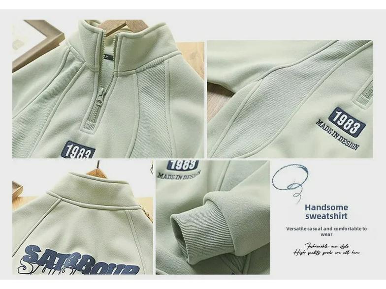 Флисовая толстовка для мальчиков зима 2024: Полузастежка-молния, длинный рукав, корейский стиль для детей