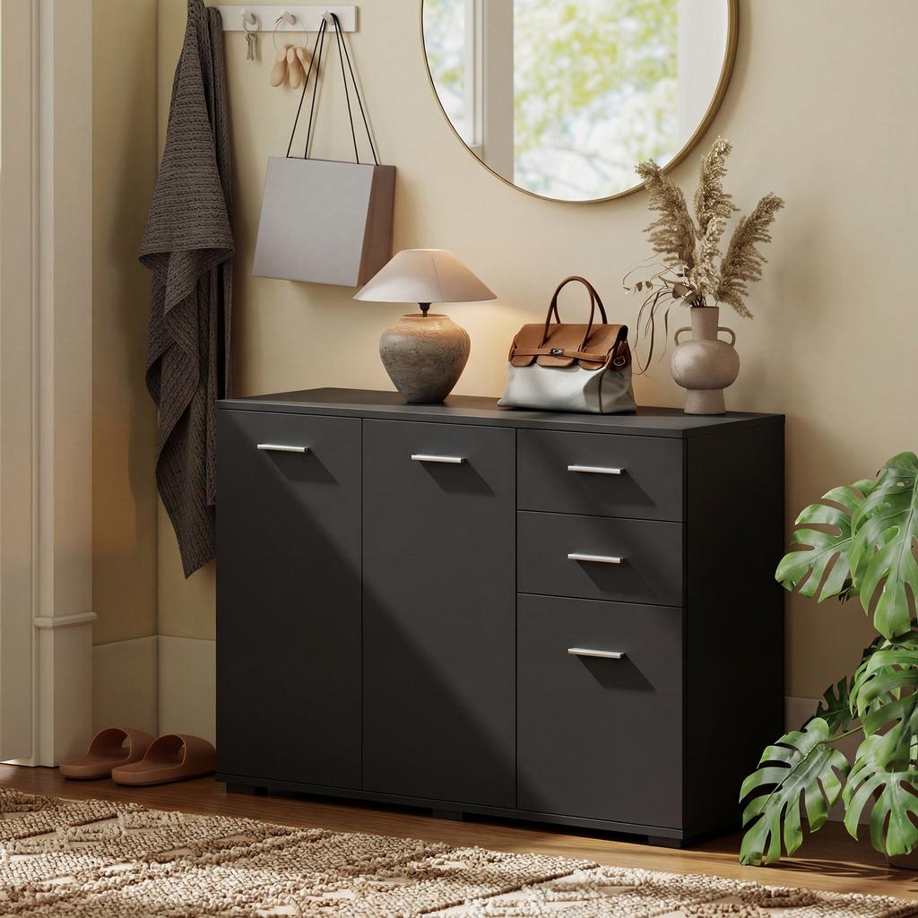 Sideboard, Modern Storage Cabinet with 2 Drawers, 3 Doors and Adjustable Shelves, Black