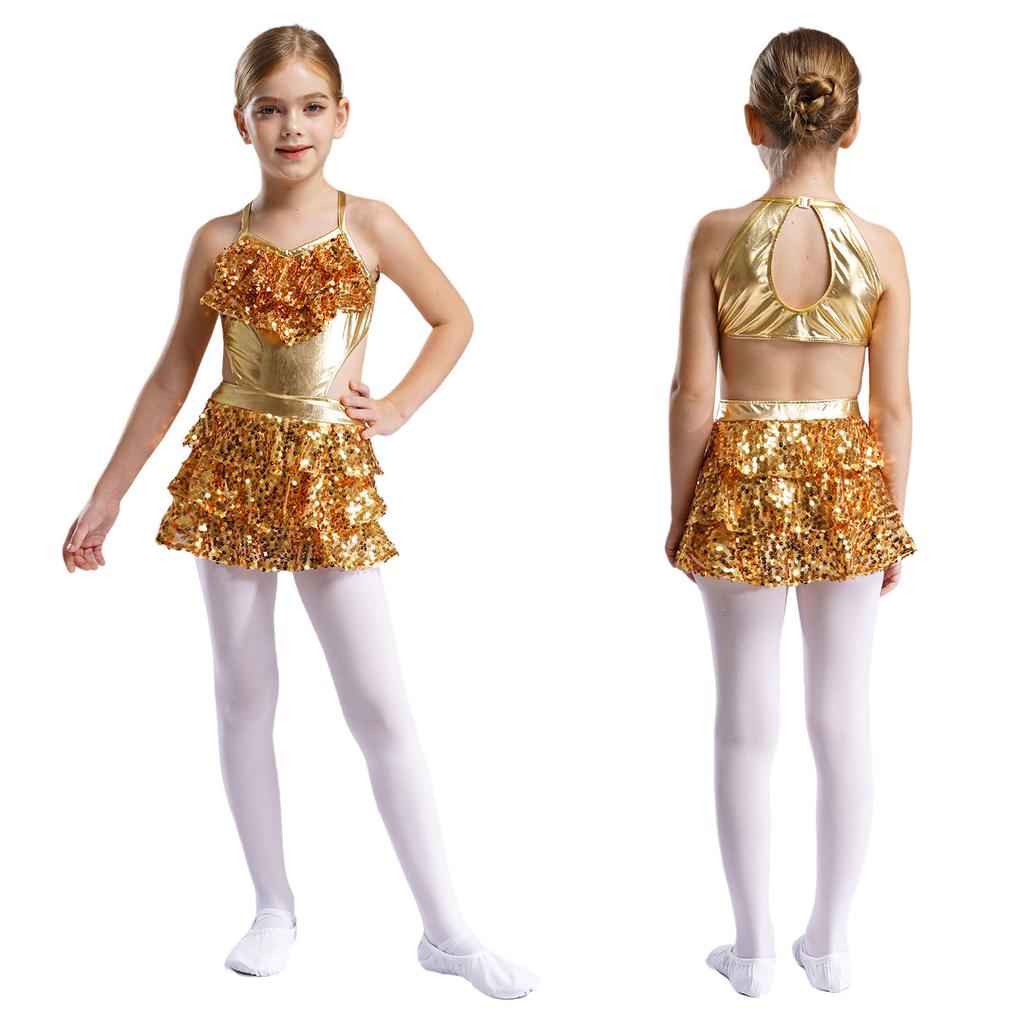 Girls V Neck Sleeveless Dance Dress Tiered Ruffle Sequins Cutout Back Stage Performance Costume
